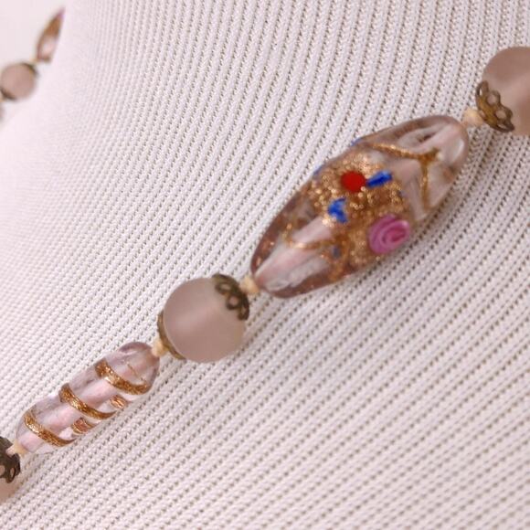 Vintage Pink Wedding Cake Lampwork Bead Necklace 50s 60s 22in Matinee - Picture 4 of 10